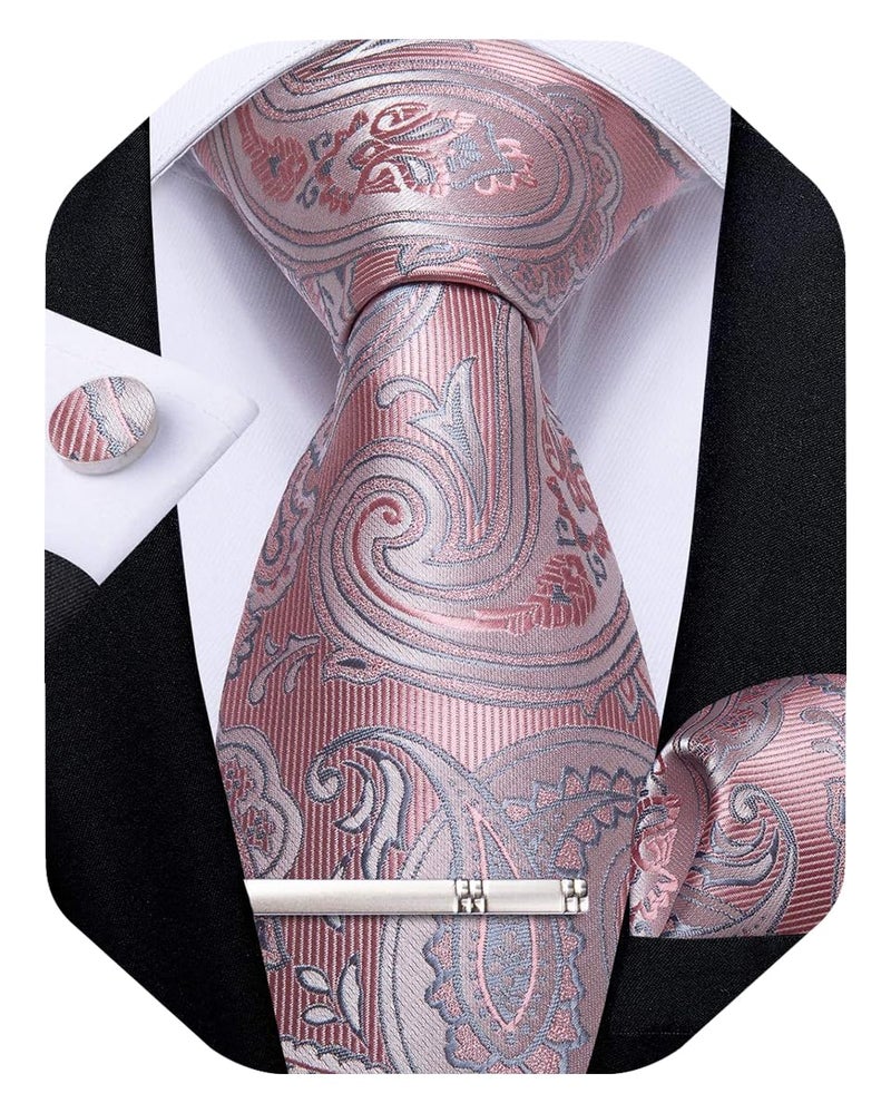 DiBanGu Paisley Ties for Men Silk Necktie and Pocket Square Cufflinks Tie Clip Set Woven Classic Mens Tie for Wedding Party, Dusty Pink - Image 1